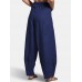 Women Cotton Solid Color Casual High Waist Pants With Pocket
