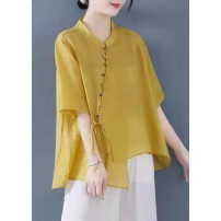 Vintage Yellow Solid Stand Collar Asymmetrical Design Shirt Top Half Sleeve