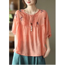 Vintage Orange O-Neck Embroideried Linen Tops Half Sleeve