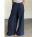 Women Cotton Solid Color Button Side Pocket Elastic Waist Wide Leg Pants