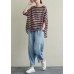 New casual suit female loose large size red and blue striped T-shirt Tencel blue jeans two-piece suit