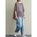New casual suit female loose large size red and blue striped T-shirt Tencel blue jeans two-piece suit