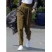 Women Pure Color Elastic Waist Corduroy Side Button Retro Harem Pants