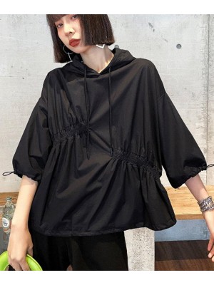 Unique Black hooded Cinched Half Sleeve Top