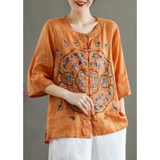 Plus Size Orange Embroideried Oriental Ramie Top Summer