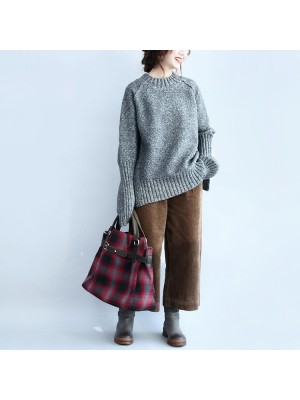 gray 2021 casaul cotton sweater plus size back side open long sleeve knit tops