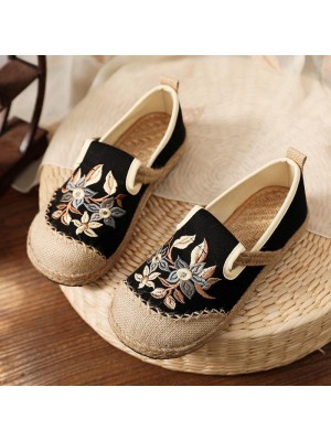 Black Embroideried Cotton Linen Fabric Splicing Flat Shoes